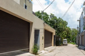 Twin houses painted in beige